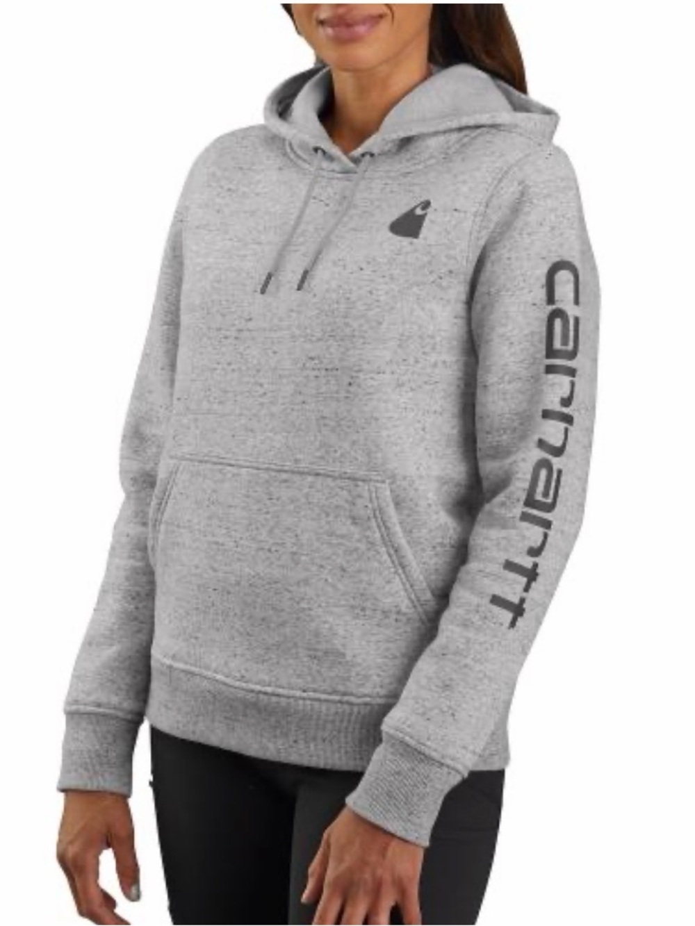 Carhartt Women’s Hooded Pullover Sweatshirt in Heather Gray with Sleeve Logo